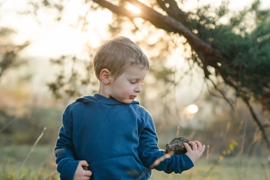 Kleiner Junge im blauen Pullover bewundert seinen Fund im Freien, Familienfoto Sersheim